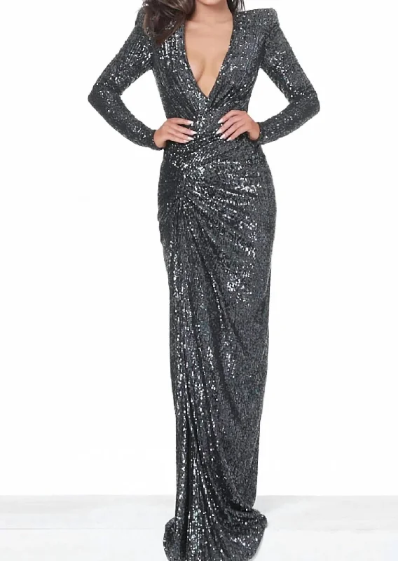 Plunging V Neck Full Sequins Evening Dress In Black Multi