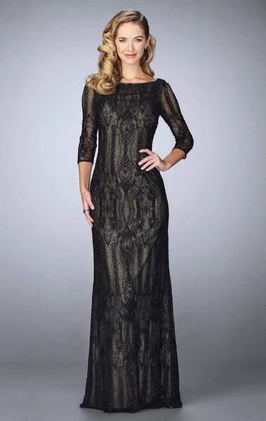 La Femme - Quarter Sleeve Sheer Lace Evening Gown 24855