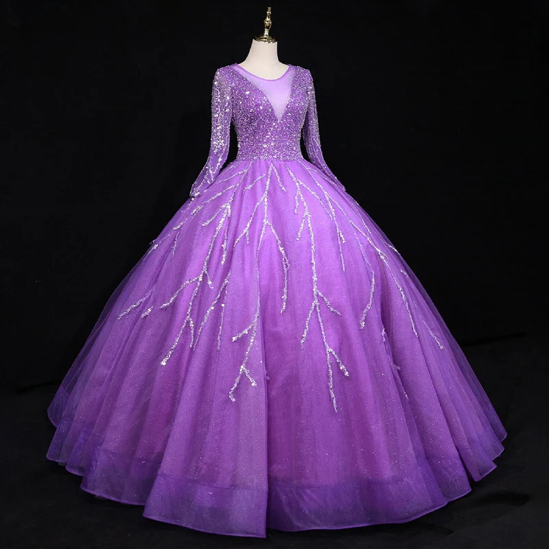 Long Sleeves O-Neck Beads Ball Gown Purple Prom Dress