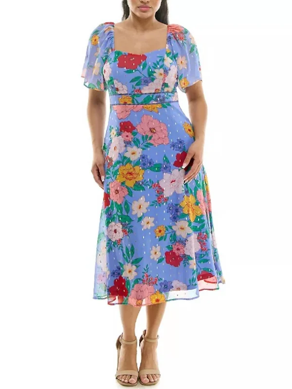 Floral Sweetheart Neck Midi Dress In Peri Multi