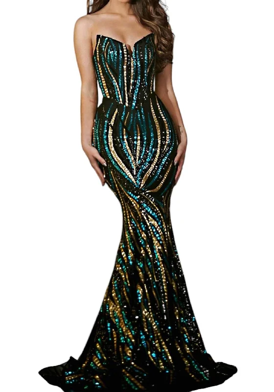 Ornate Mermaid Evening Gown In Black Gold