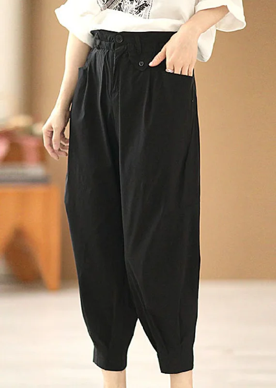 Simple Solid Black Elastic Waist Pockets Cotton Harem Pants Summer