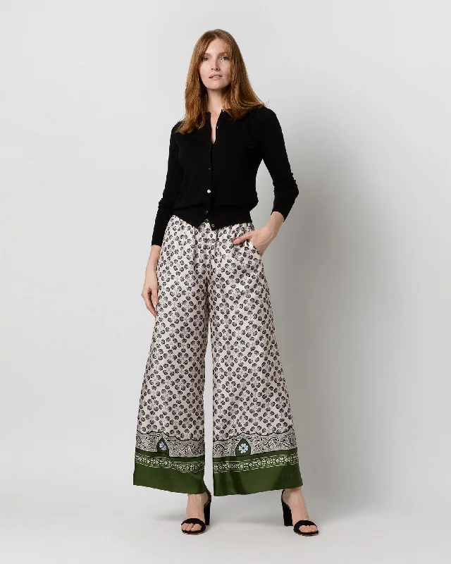 Palazzo Pant in Green Mirage Placée Silk Twill