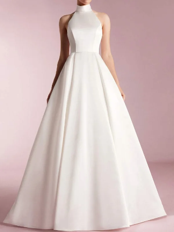 High Neck Sleeveless Wedding Dress Luxury Satin A-Line