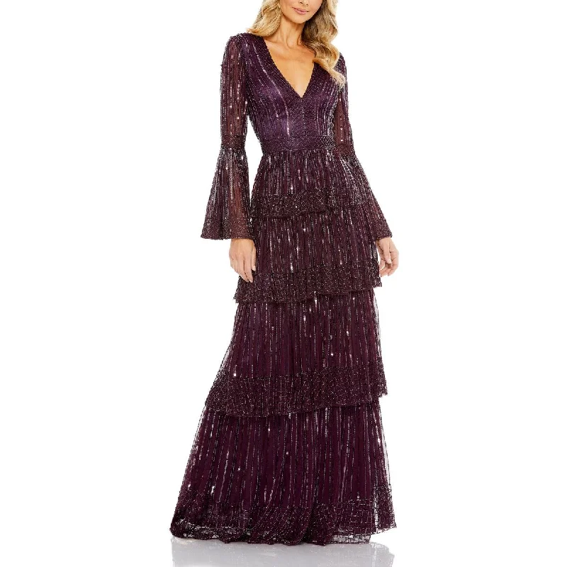 Womens Beaded Tiered Evening Dress