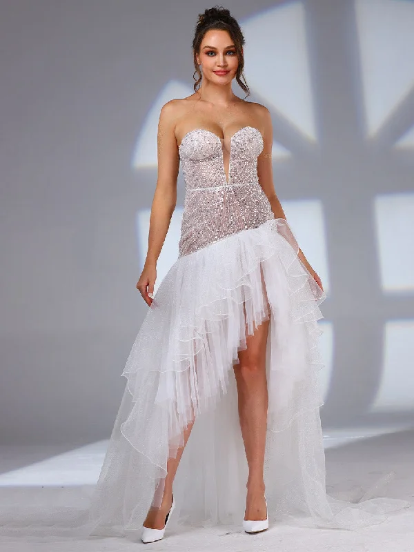 High Low Strapless Wedding Dress V neck Sequin Boho