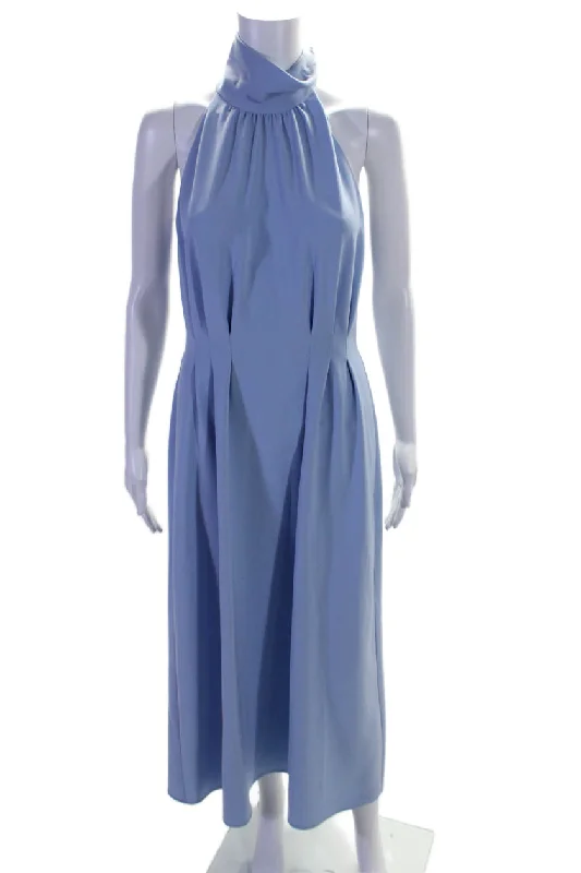 Lela Rose Womens Pleated High Neck Sleeveless Zip Up Maxi Dress Blue