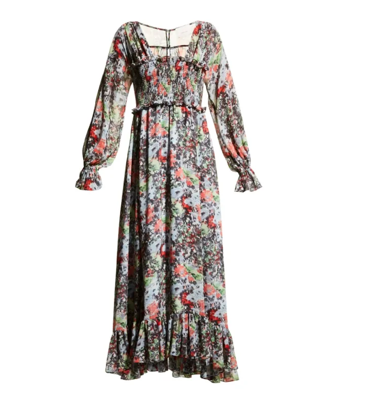 Leigh Floral Square Neck Long Sleeve Smocked Maxi Length Dress Multi In Floral/multi