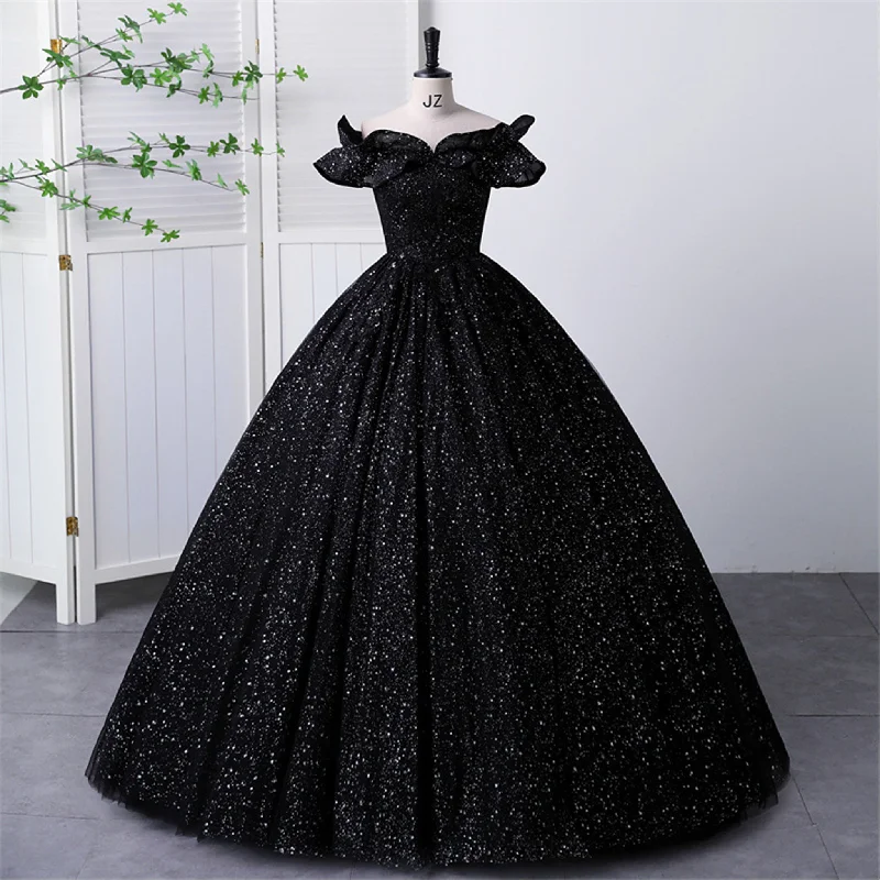 Black Sparky Off Shoulder Ball Gown Floor Length Party Dress In Wedding