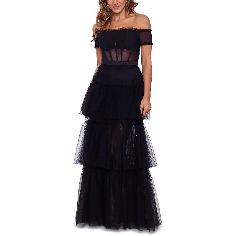 Womens Off-The-Shoulder Tiered Evening Dress