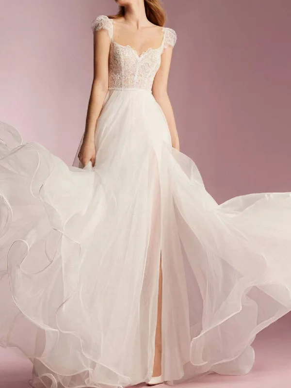 A-line Wedding Dress With Cap Sleeves Square Neckline