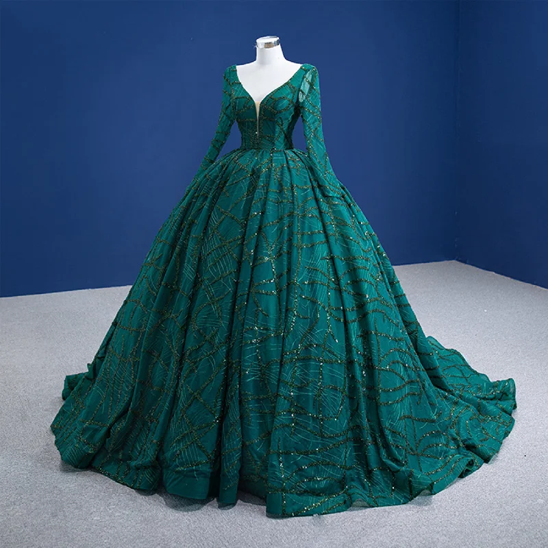 Fashion Long Sleeves Ball Gown Green Deep V Neck Prom Dress