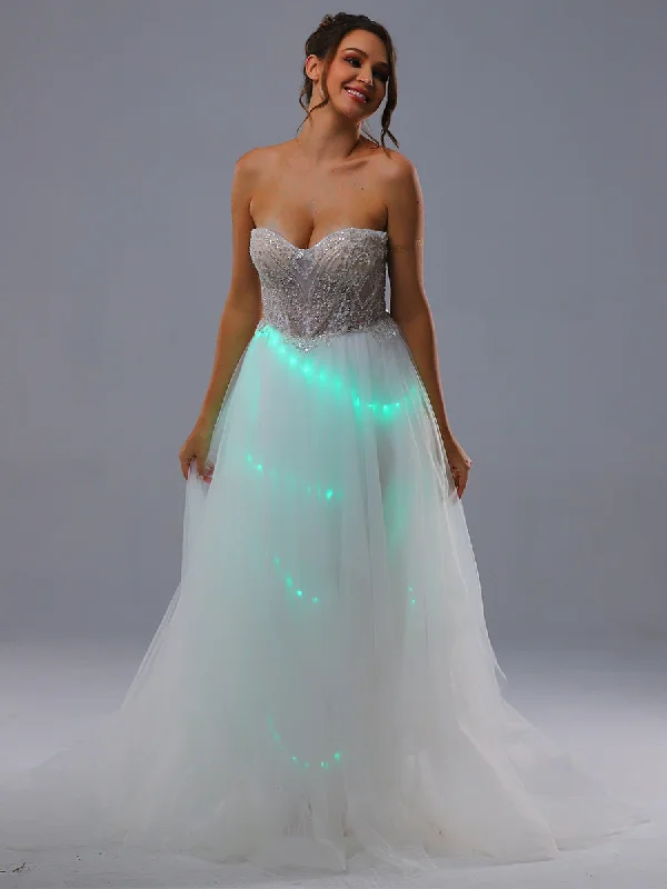 Strapless Sweetheart Wedding Dress A Line Tulle Light Up