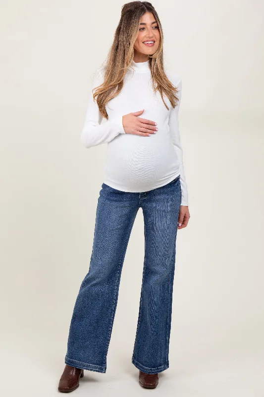 Blue Fringe Hem Wide Leg Maternity Ankle Jeans