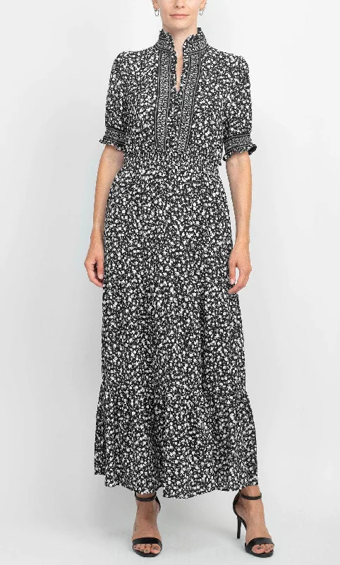 London Times T5675M - Floral Printed Puff Sleeves Long Dress