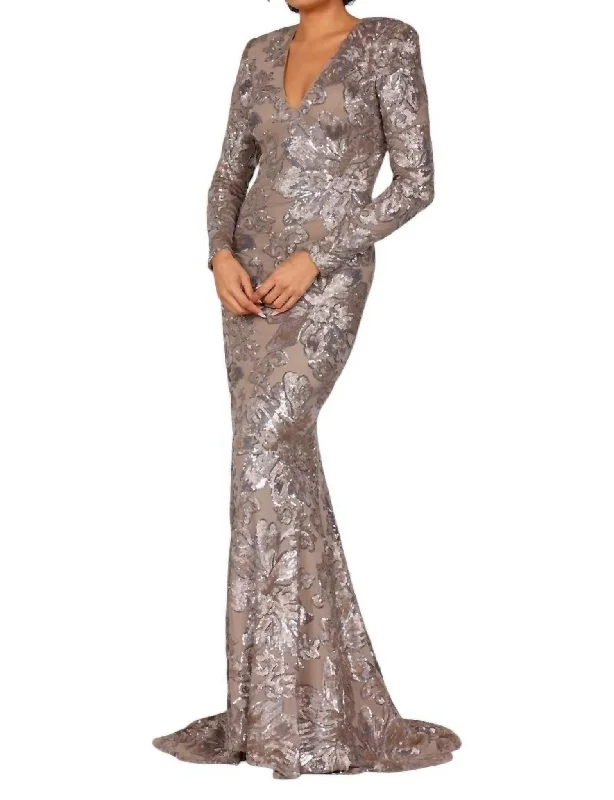 Long Sleeves Long Sequined Mesh Evening Dress In Taupe Silver