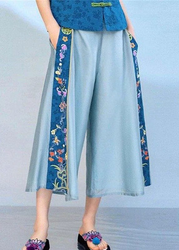 Cute Blue Embroideried Elastic Waist Pockets Cotton Crop Pants Summer