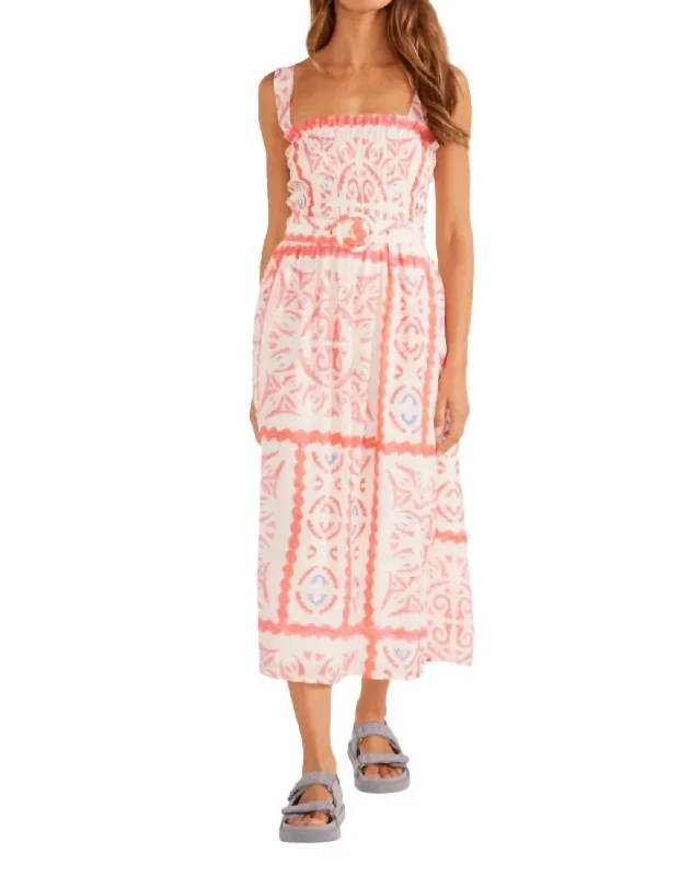 Lolani Shirried Midi Dress In Tile Print