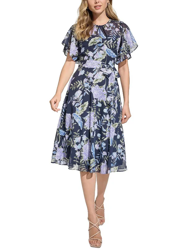 Womens Floral Print Below Knee Midi Dress