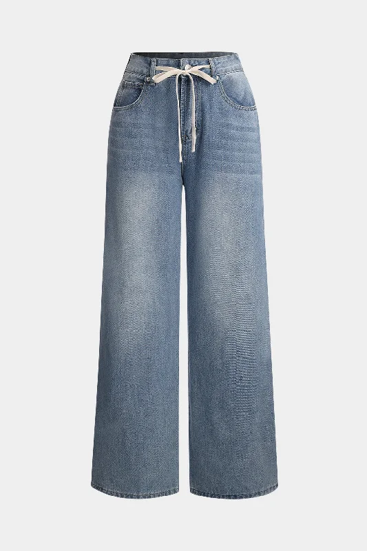 Denim Pocket Tie-Up Straight Leg Jeans