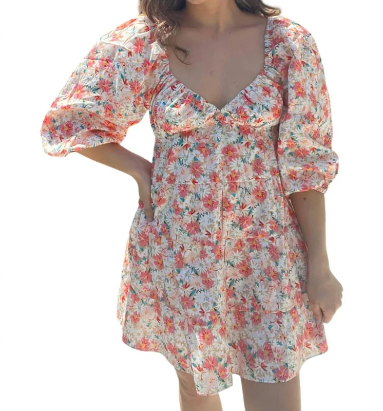 Charmed Floral Print Mini Dress In Coral Multi