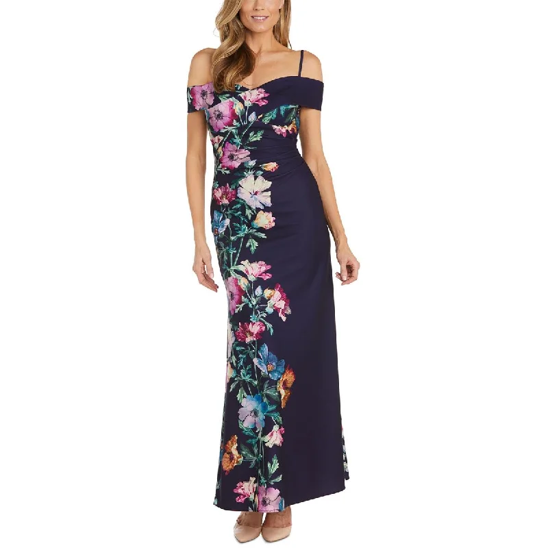 Womens Floral Print Cold Shoulder Evening Dress