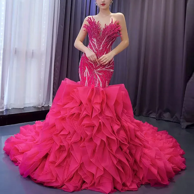 Fuchsia Mermaid Strapless Beading Prom Dress with Ruffle