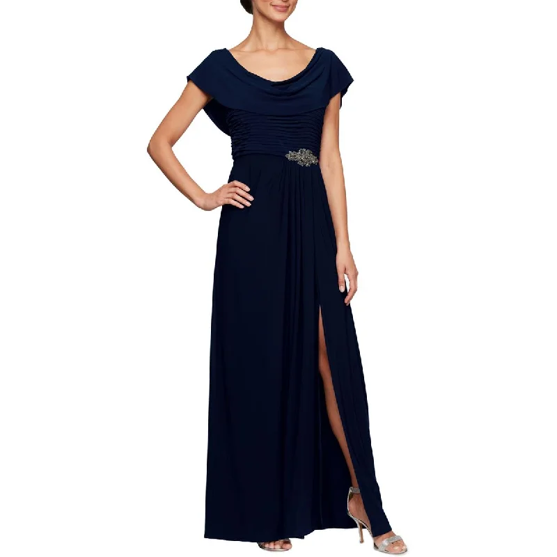 Petites Womens Cowl Neck Embellished Evening Dress