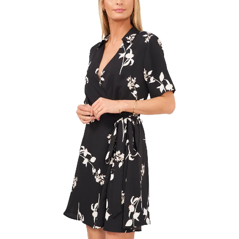 Womens Puff Sleeve Mini Wrap Dress