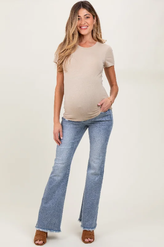 Light Blue Distressed Fringe Hem Flare Leg Maternity Jeans