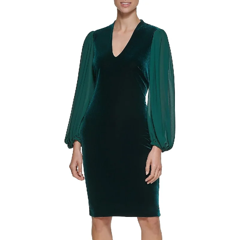 Womens Velvet Sheer Sleeve Cocktail And Party Dress