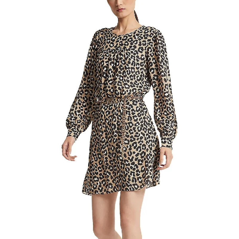 Cheetah Womens Long Sleeve Belted Mini Dress