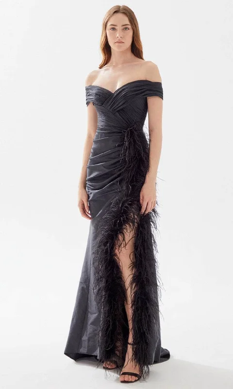 Tarik Ediz 52112 - Ruched and Feathered Evening Gown