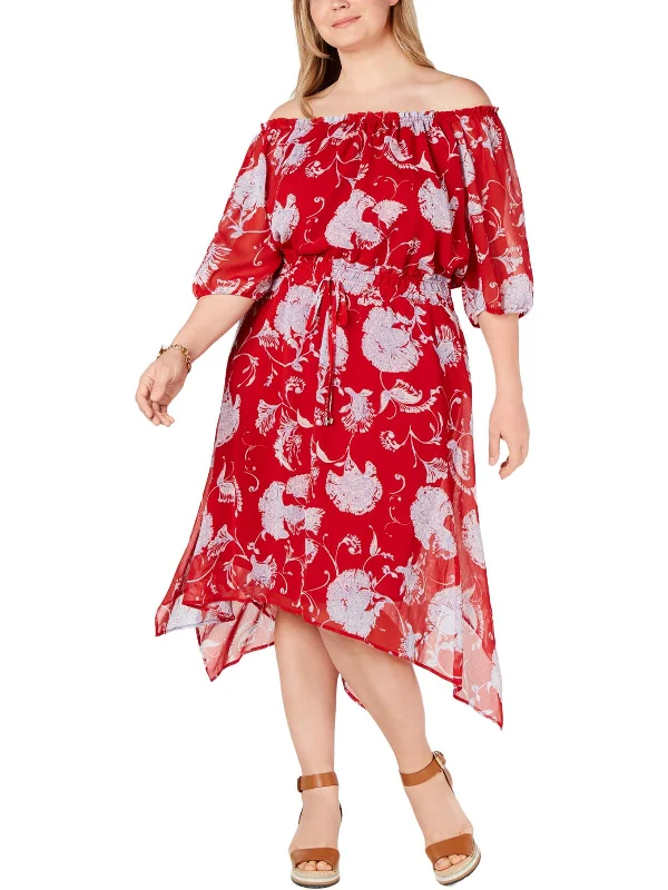 Plus Womens Floral Tie-Waist Midi Dress