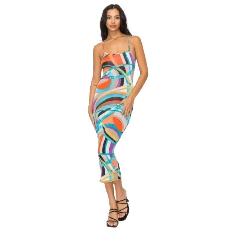 Crossed Back Marble Print Multicolor Midi Dress