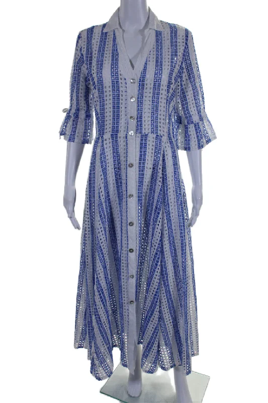 Theodora Womens Button Front Embroidered Striped Maxi Dress White Blue Large