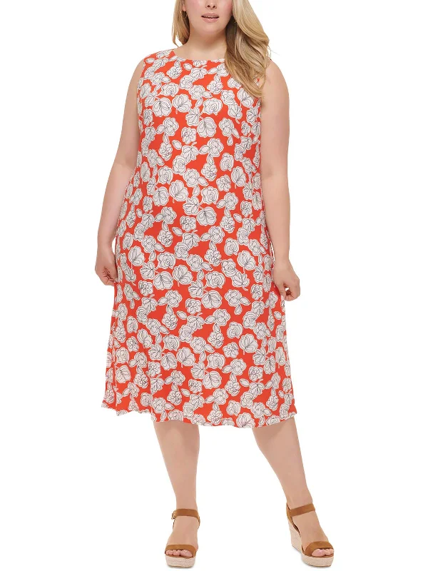 Plus Womens Floral Print Polyester Midi Dress