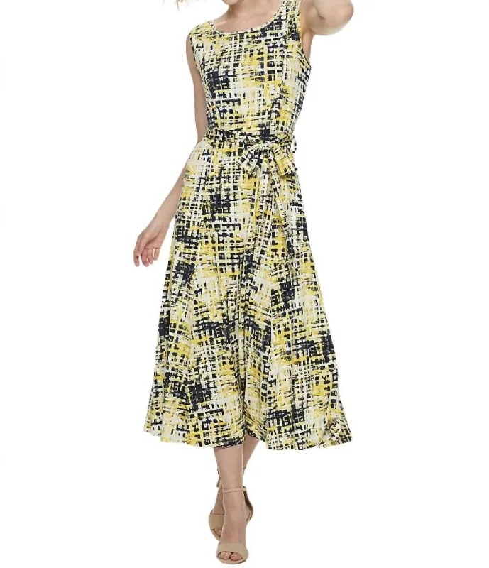 Sylvia Self Sash Midi Dress In Navy,yellow Multi