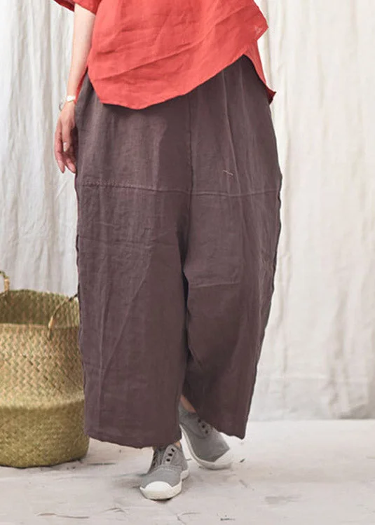 Coffee Pockets Patchwork Elastic Waist Linen Pants Summer