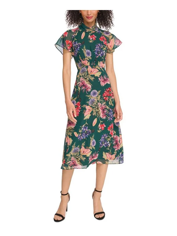 Womens Floral Print Flutter Sleeve Midi Dress