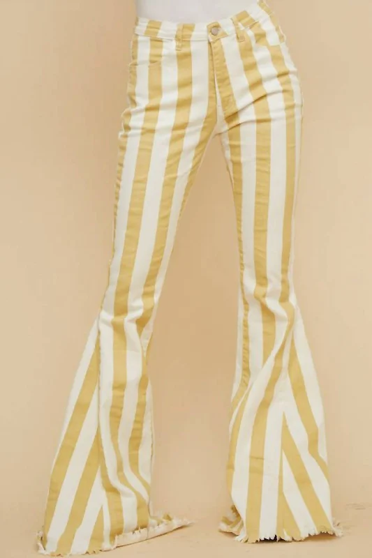 Stripped Bell Bottom Jeans In Mustard