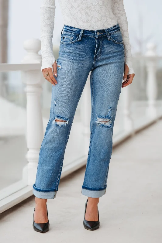 True Medium Wash Distressed Straight Leg Jeans