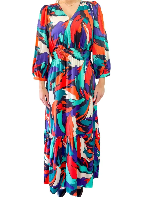 Spice Stroke Maxi Dress In Orange/purple/teal/navy