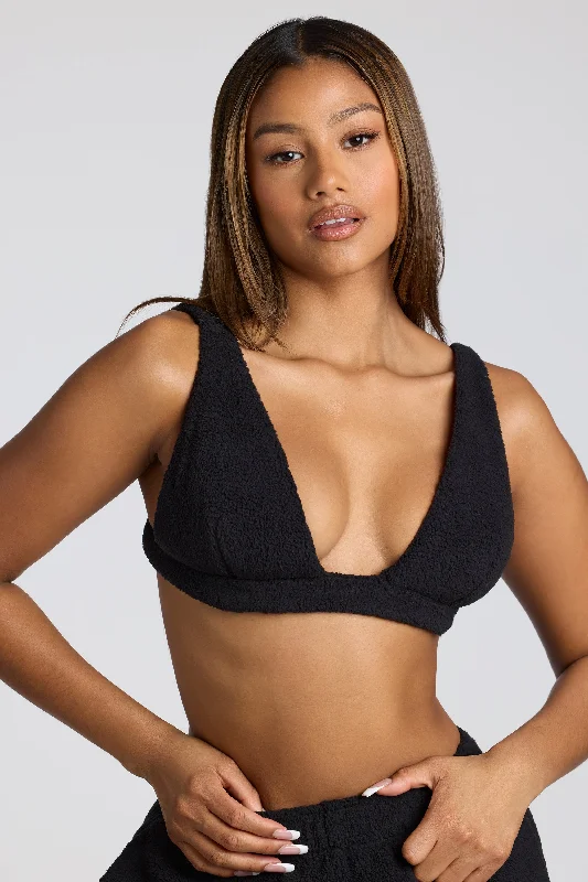 V Neck Fleece Bralette in Black